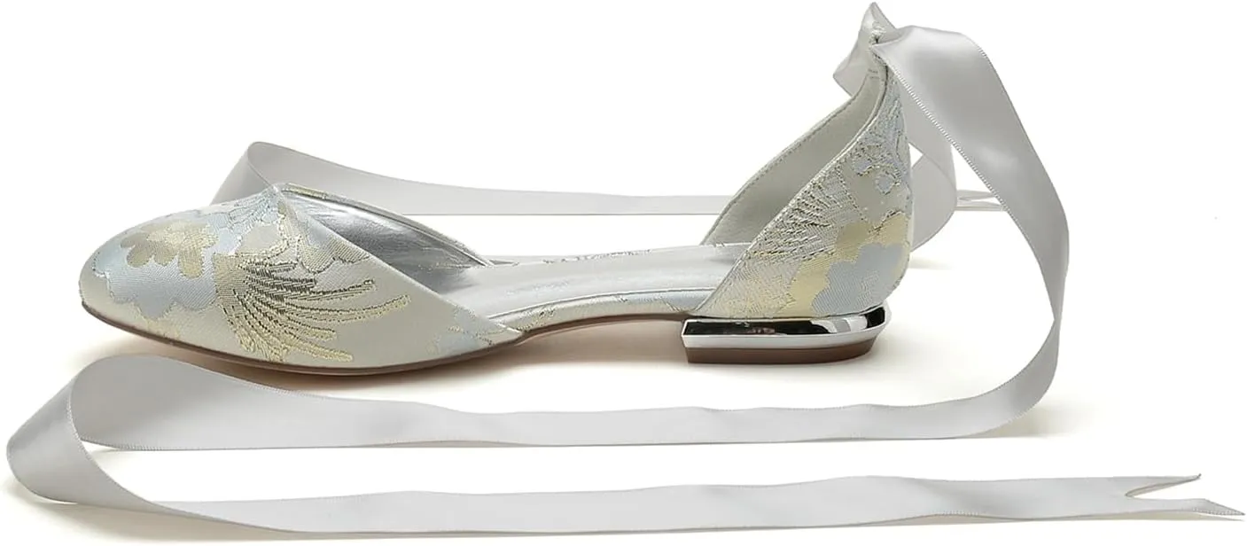 Bridal Shoes Ballet Pump Women's Flat Round Toe High Heels Wedding Heels 1.5CM Sandals Party Guests Evening Formal Dressy Floral Fabrics