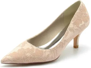 Bride Wedding Shoes Women's Pointed Toe Lace Low Heel Dress Pump Bridal Shoes Kitten Heel Prom Party Dress Pumps Sandals 6Cm