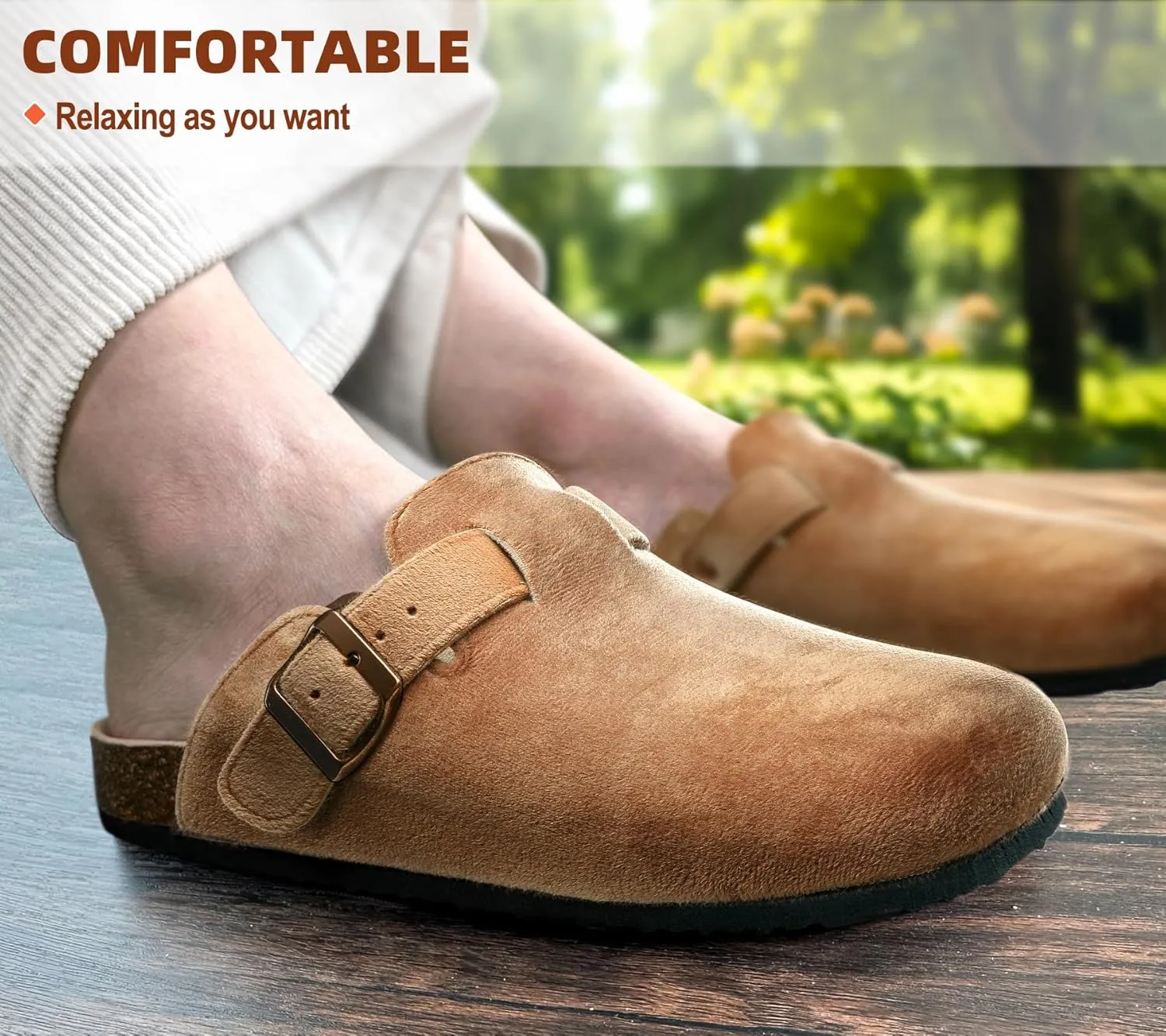 BULLIANT Women Clogs-Comfortable Mules Slippers Sandals Unisex Adjustable Fit-Cushioned Cork-Footbed Flannel Suede Upper