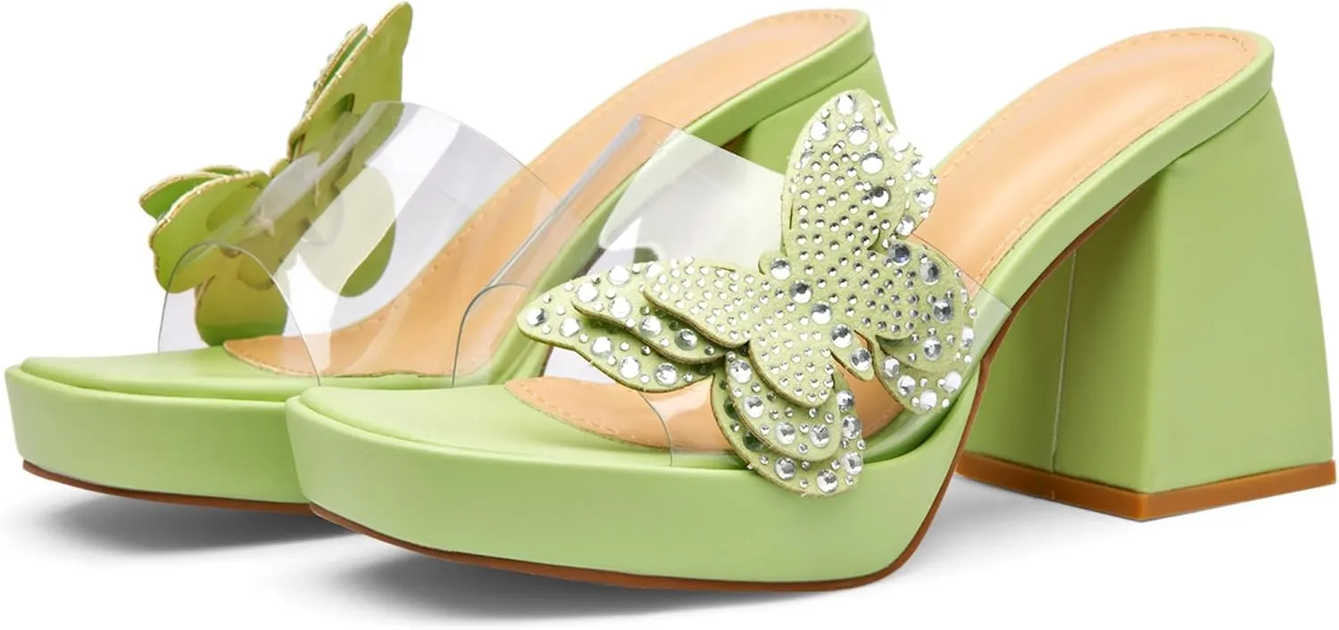Butterfly Rhinestone Platform Heels - Transparent Chunky High Heels Sandals for Women, Perfect for Prom and Dressy Occasions-Y2K Fairy Style