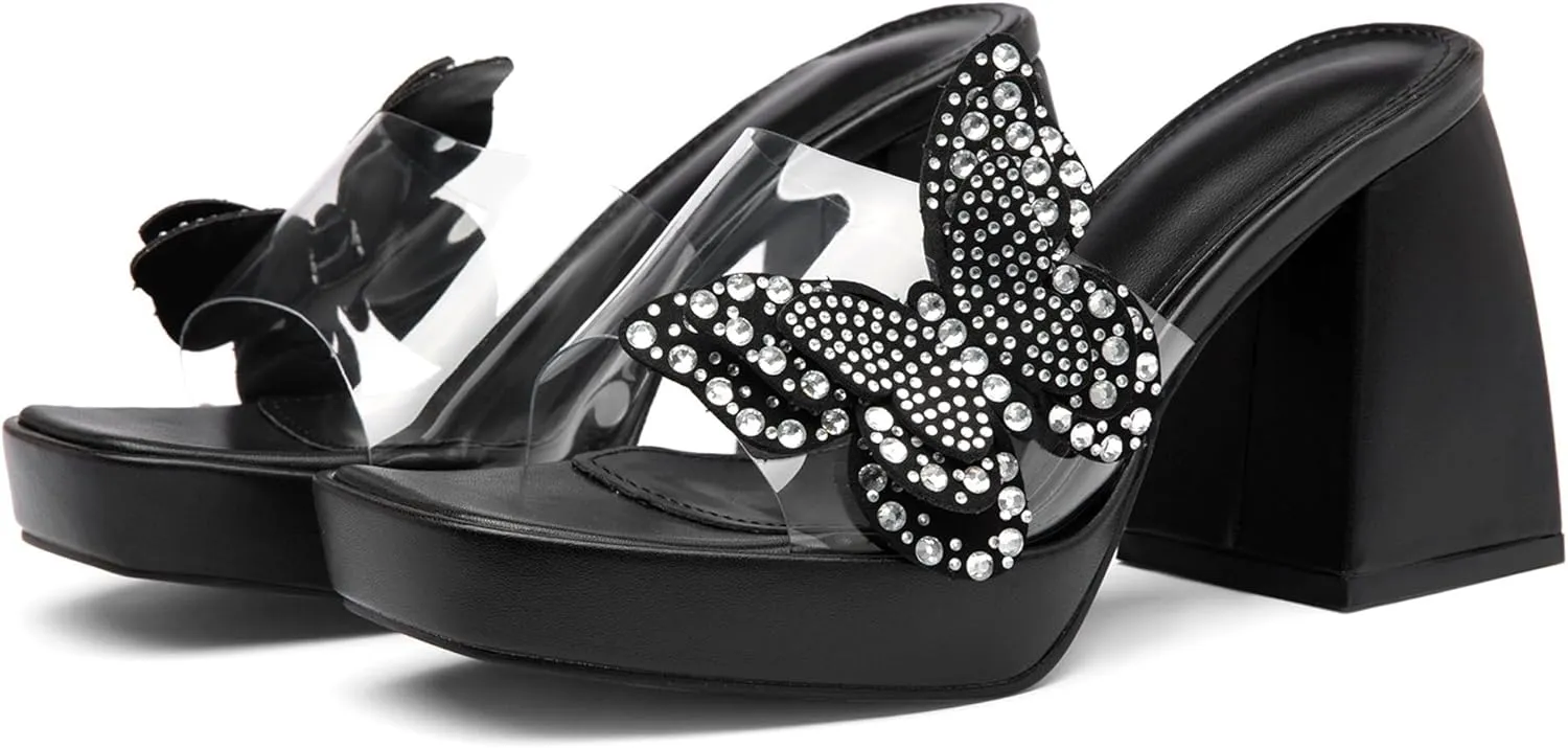 Butterfly Rhinestone Platform Heels - Transparent Chunky High Heels Sandals for Women, Perfect for Prom and Dressy Occasions-Y2K Fairy Style