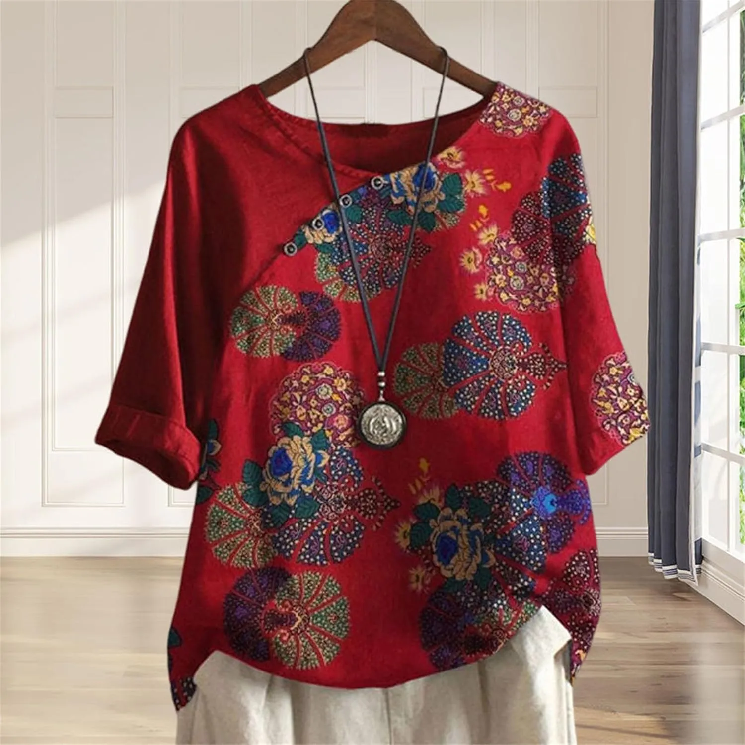 Button Down Shirts for Women Raglan Sleeve Hem Slit Loose Short Sleeve Button Decoration Womens Button Down Blouse