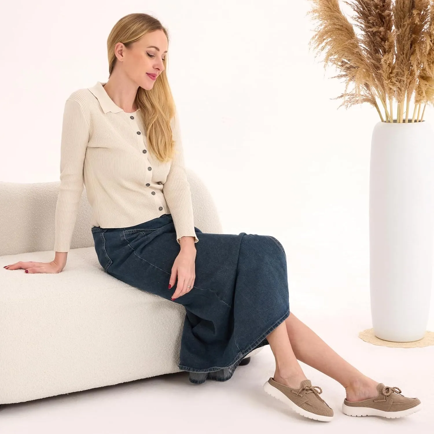 Buyrew Mules for Women Slip on Shoes Comfortable Knit Canvas Walking Flats with Arch Support Breathable Clogs House Slippers