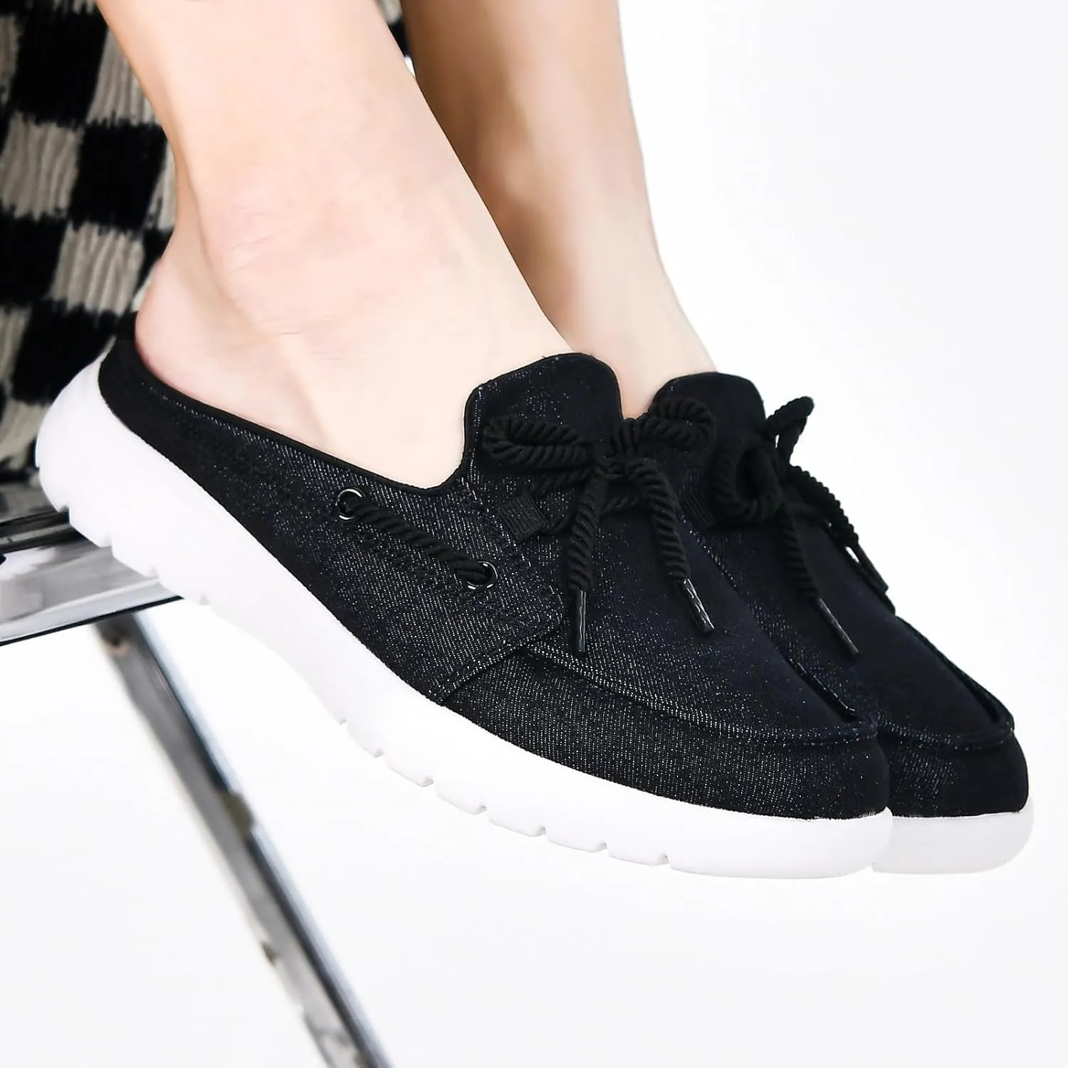 Buyrew Mules for Women Slip on Shoes Comfortable Knit Canvas Walking Flats with Arch Support Breathable Clogs House Slippers