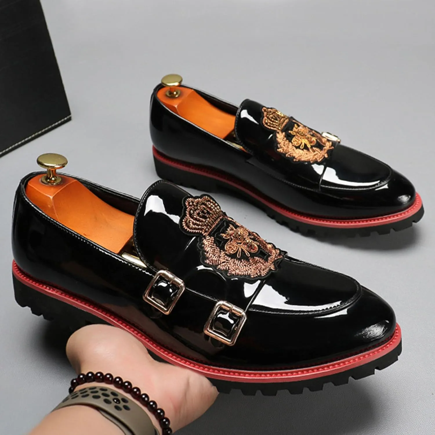 ByErz Men's Double Monk Strap Loafer: Leather Oxford Dress Shoes for Formal and Business Casual Comfort
