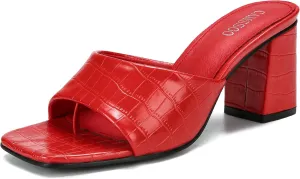 CAMSSOO Women's Square Open Toe Heeled Mules Flip Flops Chunky Heels Slip On Sandals Block High Heel Fashion Wedding Dress Shoes