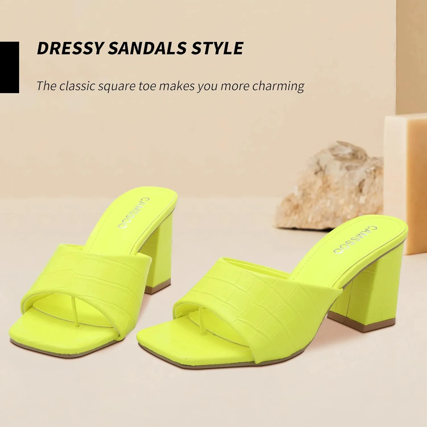 CAMSSOO Women's Square Open Toe Heeled Mules Flip Flops Chunky Heels Slip On Sandals Block High Heel Fashion Wedding Dress Shoes