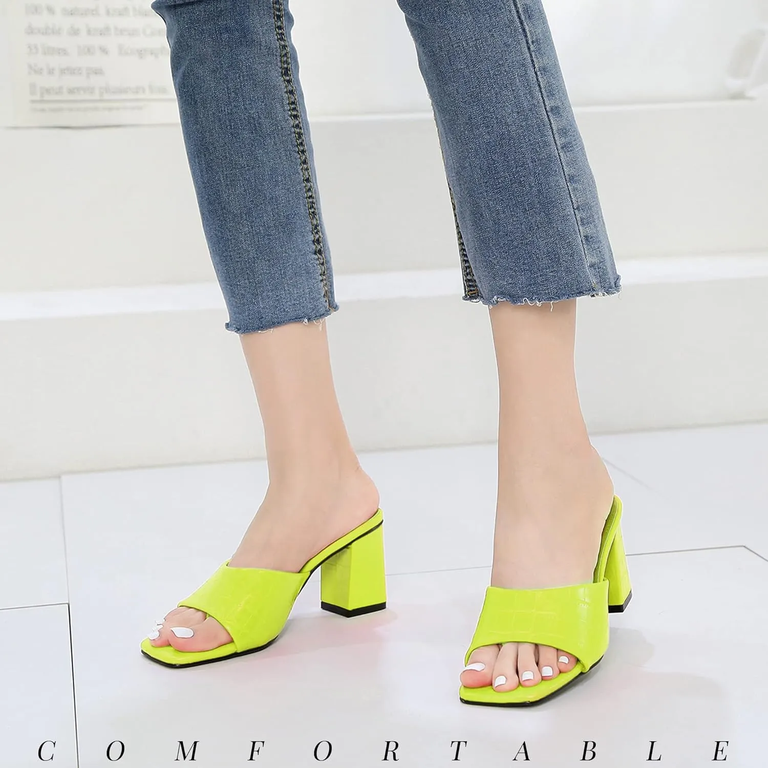CAMSSOO Women's Square Open Toe Heeled Mules Flip Flops Chunky Heels Slip On Sandals Block High Heel Fashion Wedding Dress Shoes