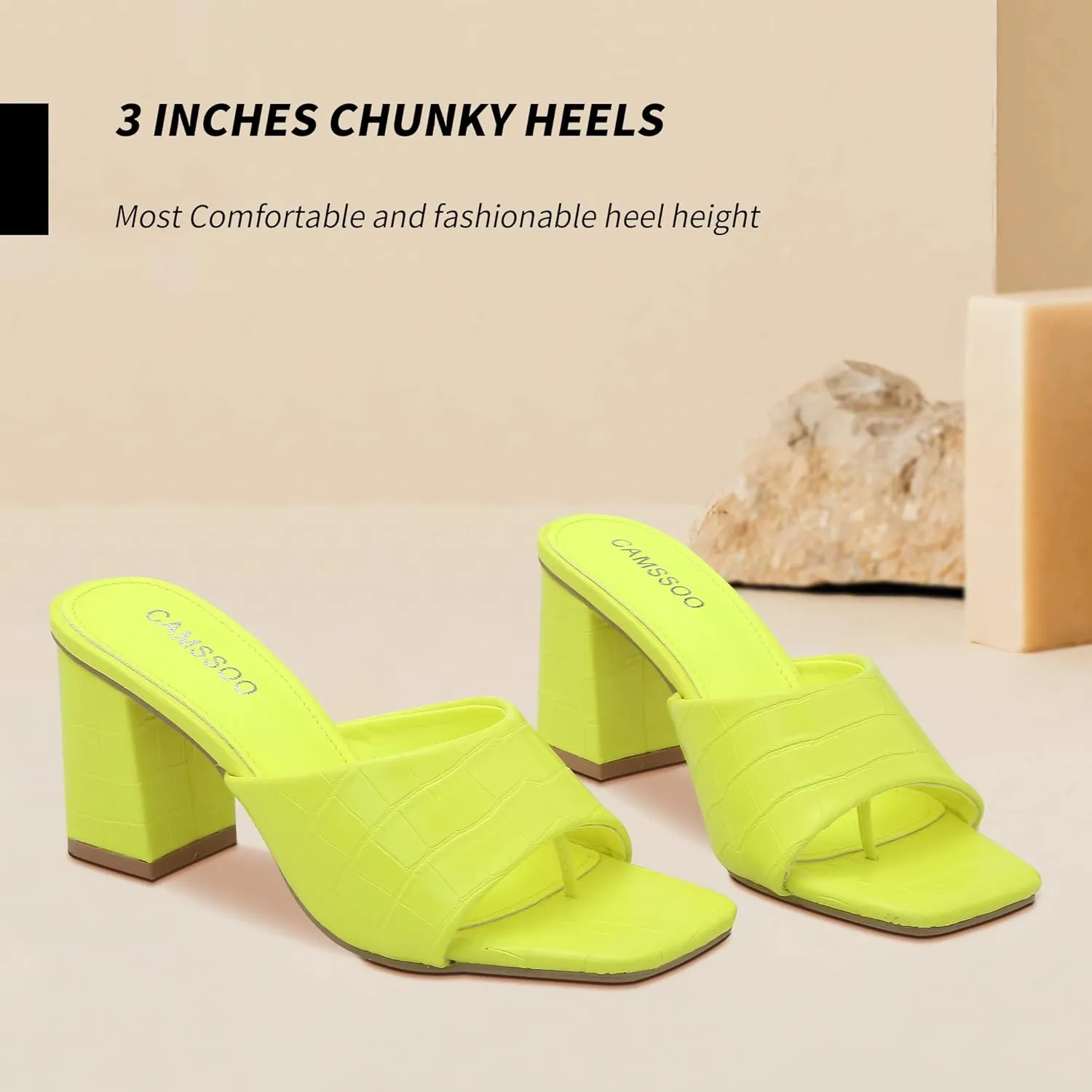 CAMSSOO Women's Square Open Toe Heeled Mules Flip Flops Chunky Heels Slip On Sandals Block High Heel Fashion Wedding Dress Shoes