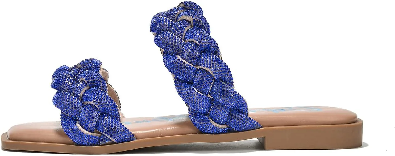 Cape Robbin Women's Slip-On Flat Sandals - Rhinestone-Embellished Braided Upper (Mana)