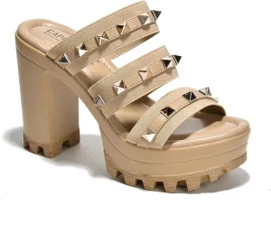 Cape Robbin Women's Spiky Platform Sandals - Slip-On Chunky Heels with Silver Stud Straps (Tinley) - Nude Size 10