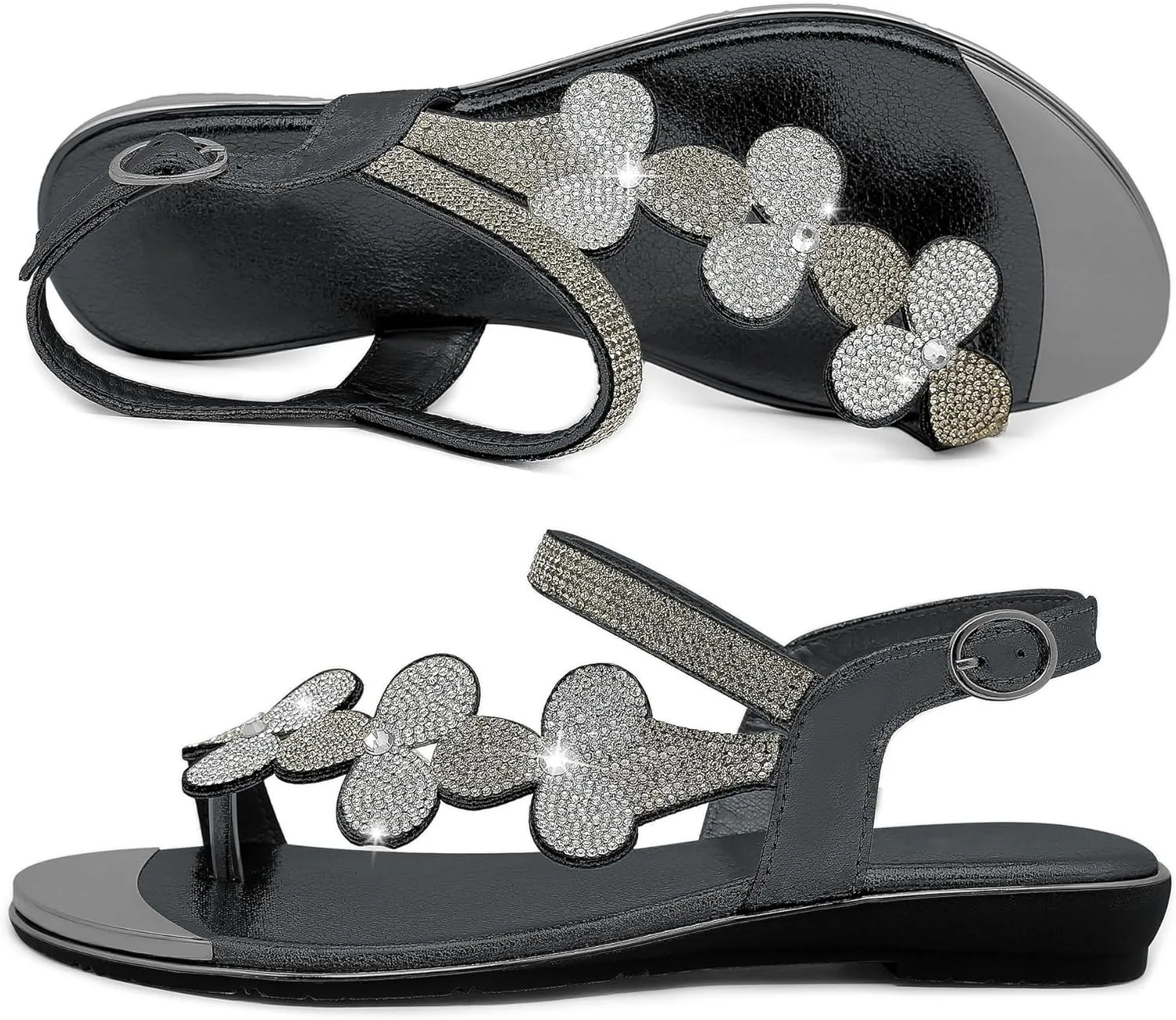 CARETOO Women's Bohemia Flat Sandals, Ladies Summer Beach T-Strap Flip Flop Sparkling Rhinestone Walking Shoes Casual