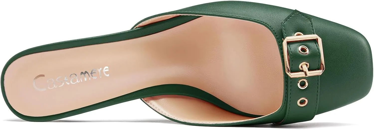 Castamere Womens Mid Heel Square Toe Slip-on Mules Shoes Buckle Sandals Wedding Prom Dress 2.6 Inches Heels