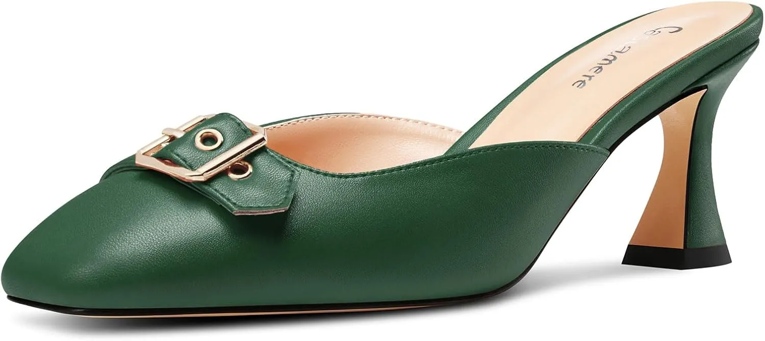 Castamere Womens Mid Heel Square Toe Slip-on Mules Shoes Buckle Sandals Wedding Prom Dress 2.6 Inches Heels