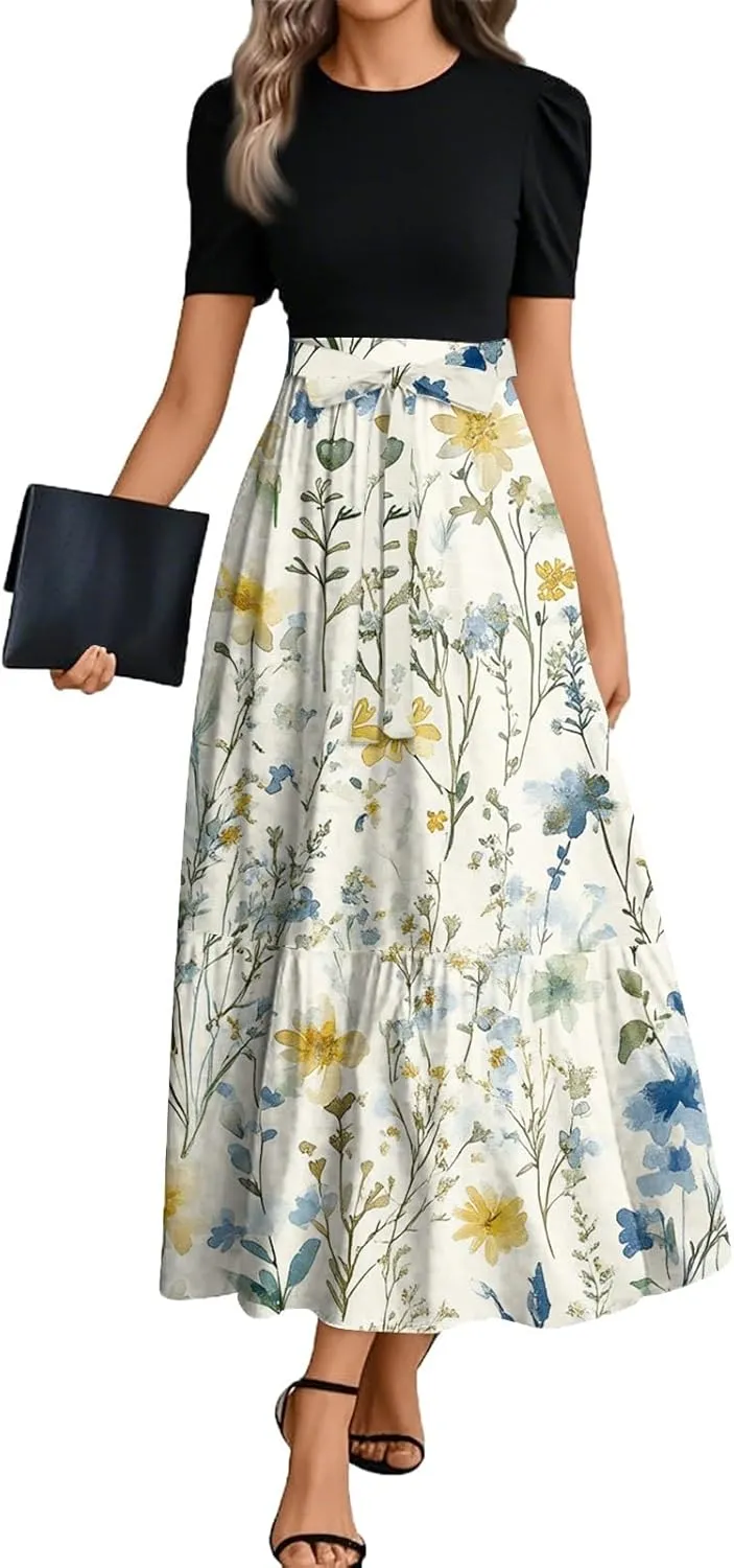 Casual Dresses for Women 2025, Elegant Bow Detail Beach Boho High Waisted Flower Print Womens Sundresses