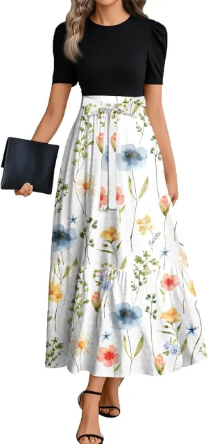 Casual Dresses for Women 2025, Elegant Bow Detail Beach Boho High Waisted Flower Print Womens Sundresses