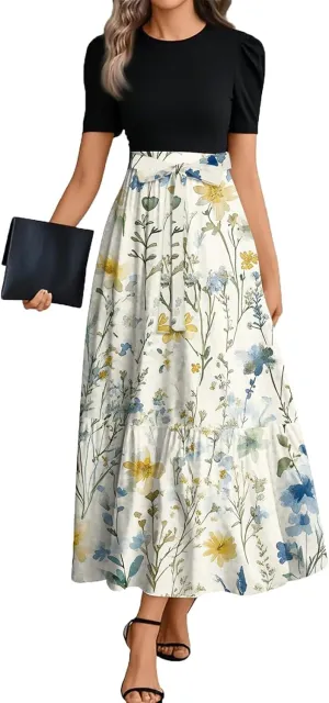 Casual Dresses for Women 2025, Elegant Bow Detail Beach Boho High Waisted Flower Print Womens Sundresses