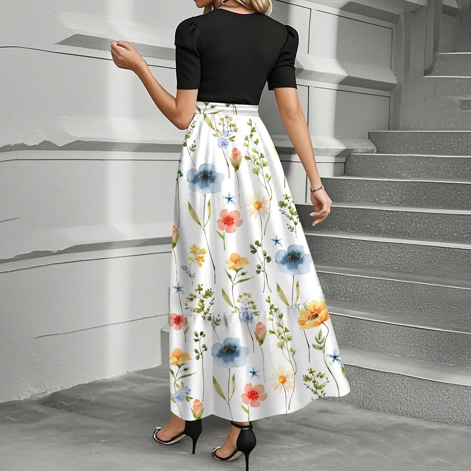 Casual Dresses for Women 2025, Elegant Bow Detail Beach Boho High Waisted Flower Print Womens Sundresses