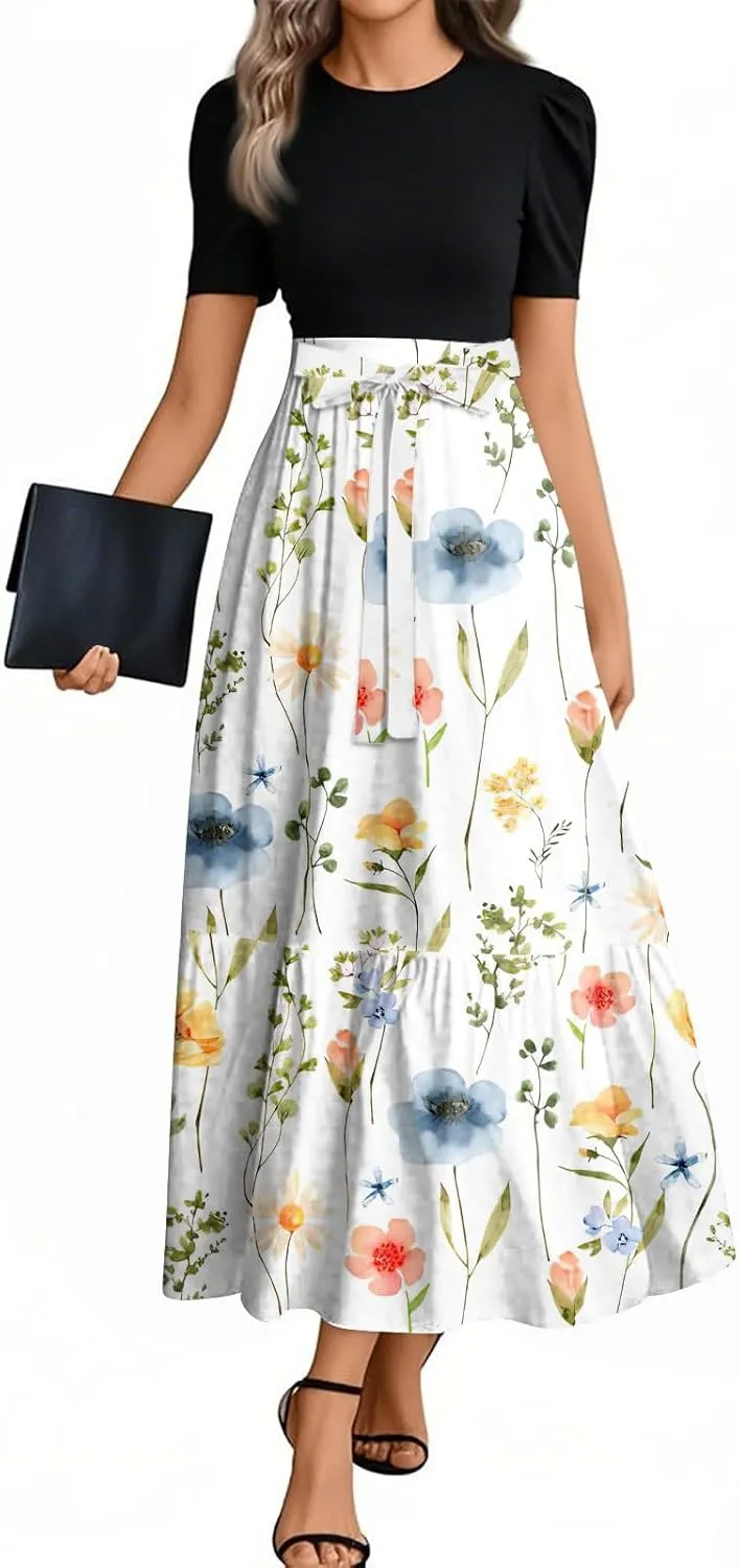 Casual Dresses for Women 2025, Elegant Bow Detail Beach Boho High Waisted Flower Print Womens Sundresses