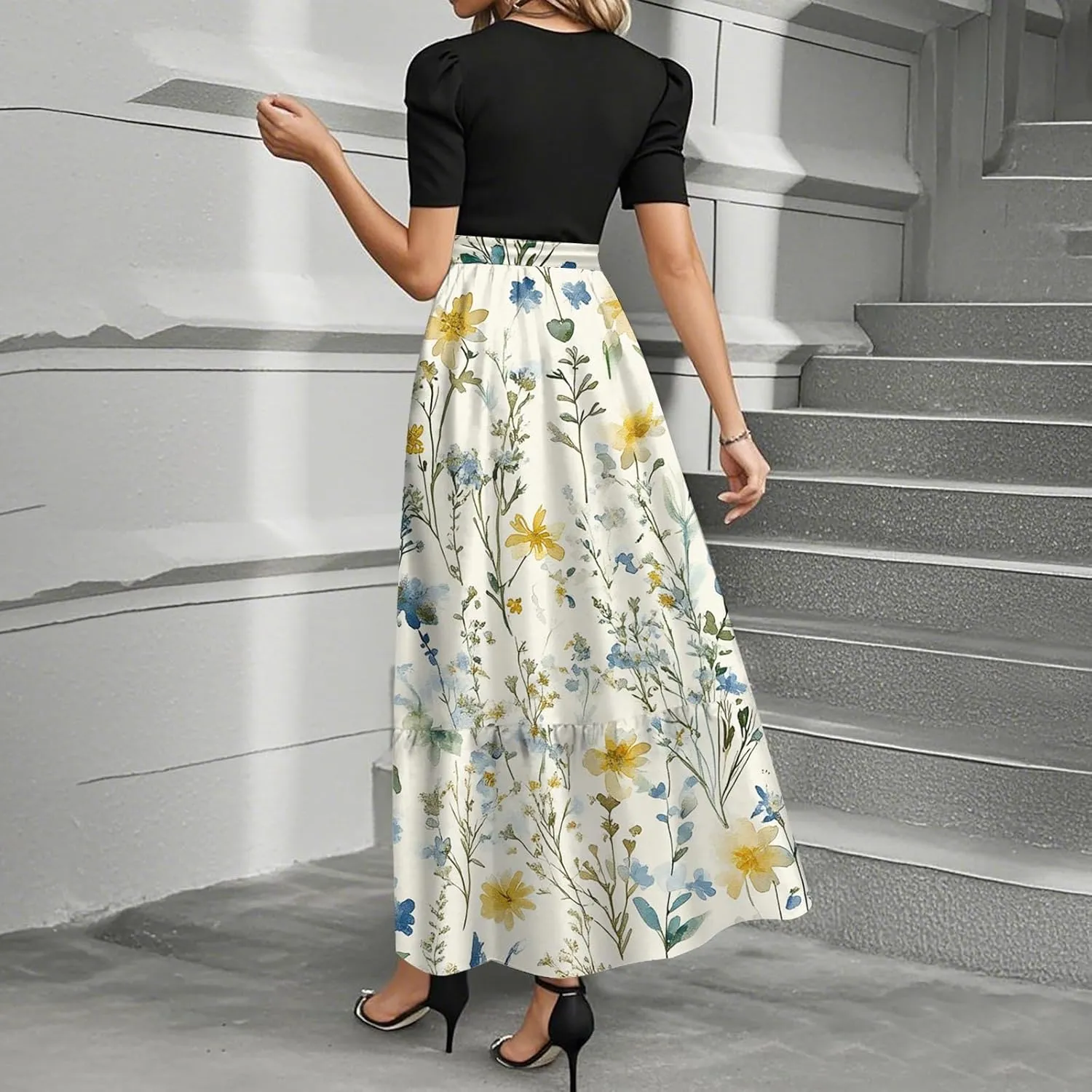 Casual Dresses for Women 2025, Elegant Bow Detail Beach Boho High Waisted Flower Print Womens Sundresses