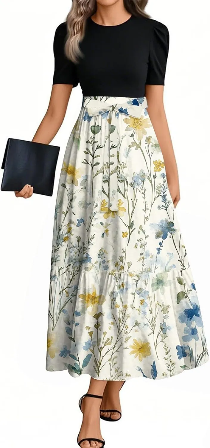 Casual Dresses for Women 2025, Elegant Bow Detail Beach Boho High Waisted Flower Print Womens Sundresses