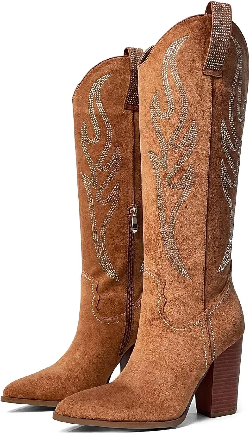 Celbreez Women's Brown Suede Knee-High Western-Fusion Boots with Rhinestones, Embroidered, Pointed Toe, Chunky Heel, Side Zip, Pull-On, Slip Resistant