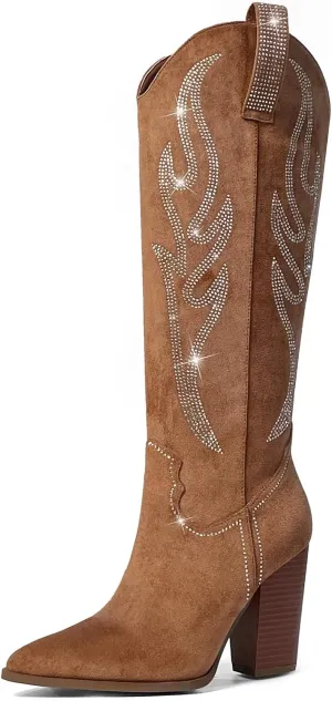 Celbreez Women's Brown Suede Knee-High Western-Fusion Boots with Rhinestones, Embroidered, Pointed Toe, Chunky Heel, Side Zip, Pull-On, Slip Resistant