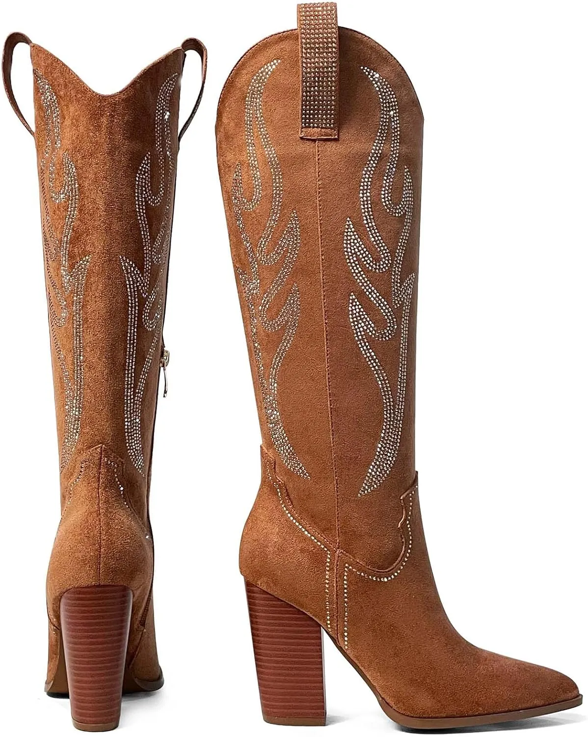 Celbreez Women's Brown Suede Knee-High Western-Fusion Boots with Rhinestones, Embroidered, Pointed Toe, Chunky Heel, Side Zip, Pull-On, Slip Resistant