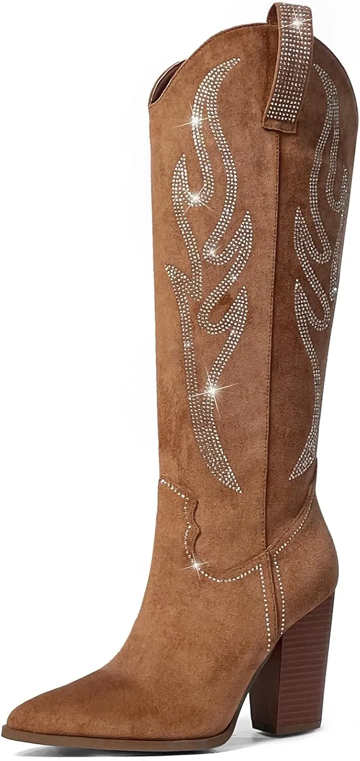 Celbreez Women's Brown Suede Knee-High Western-Fusion Boots with Rhinestones, Embroidered, Pointed Toe, Chunky Heel, Side Zip, Pull-On, Slip Resistant