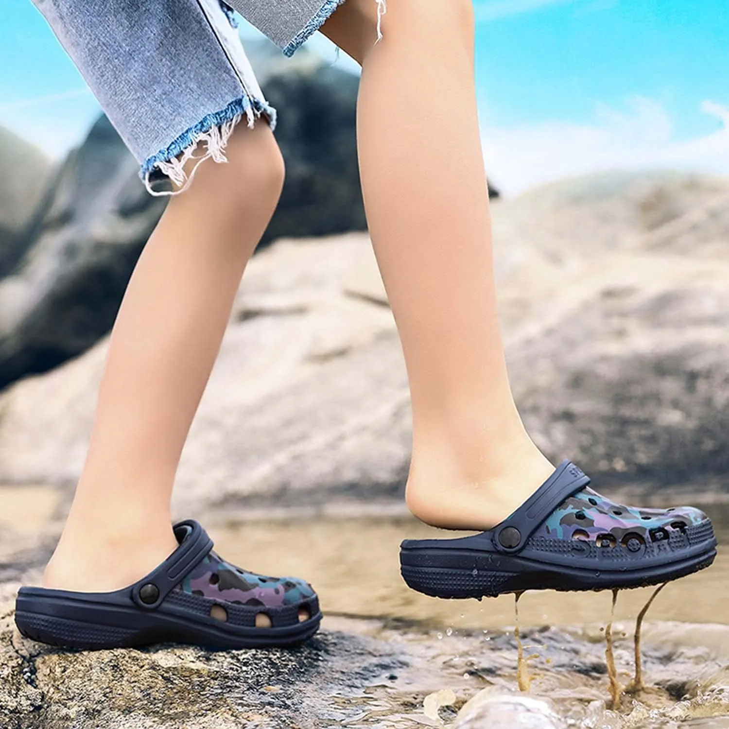 CERYTHRINA Boy's Camouflage Garden Clog Rubber Indoor Outdoor Mules Non Slip Sandals Big Kids Water Shoes