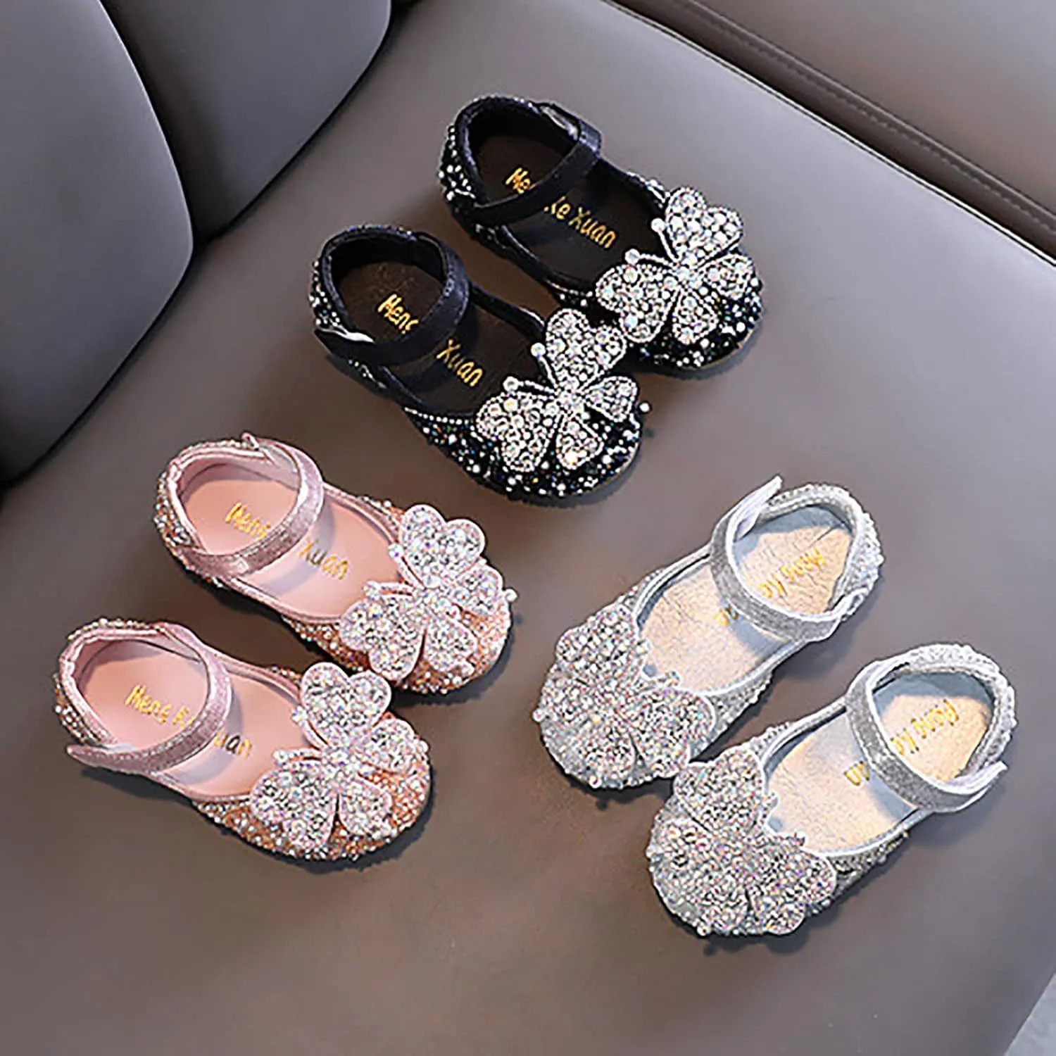 Children Butterfly Accessories Shoes Summer Pearl Rhinestones Shining Kids Princess Flat Sandals