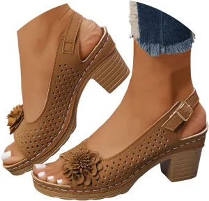 Chunky Heel Sandals for Women 2025,Womens Summer Sandal High Block Heels Fish Mouth Flowers Sandals Ankle Strap Hollow Out Breathable Platform Wedges Shoe for Casual Vacation Party