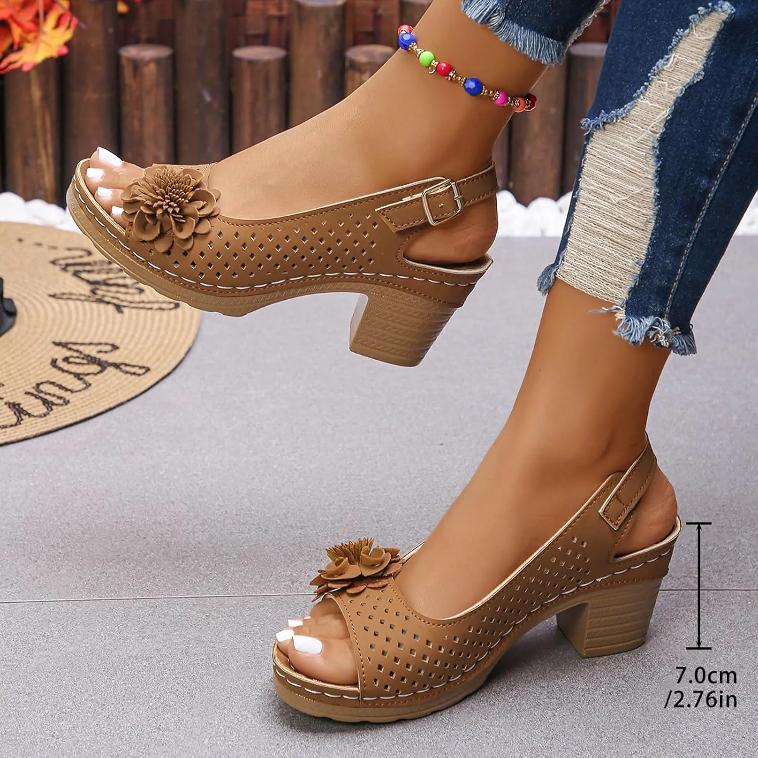 Chunky Heel Sandals for Women 2025,Womens Summer Sandal High Block Heels Fish Mouth Flowers Sandals Ankle Strap Hollow Out Breathable Platform Wedges Shoe for Casual Vacation Party