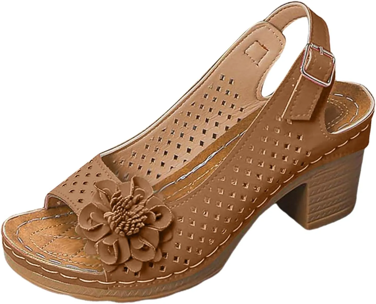 Chunky Heel Sandals for Women 2025,Womens Summer Sandal High Block Heels Fish Mouth Flowers Sandals Ankle Strap Hollow Out Breathable Platform Wedges Shoe for Casual Vacation Party