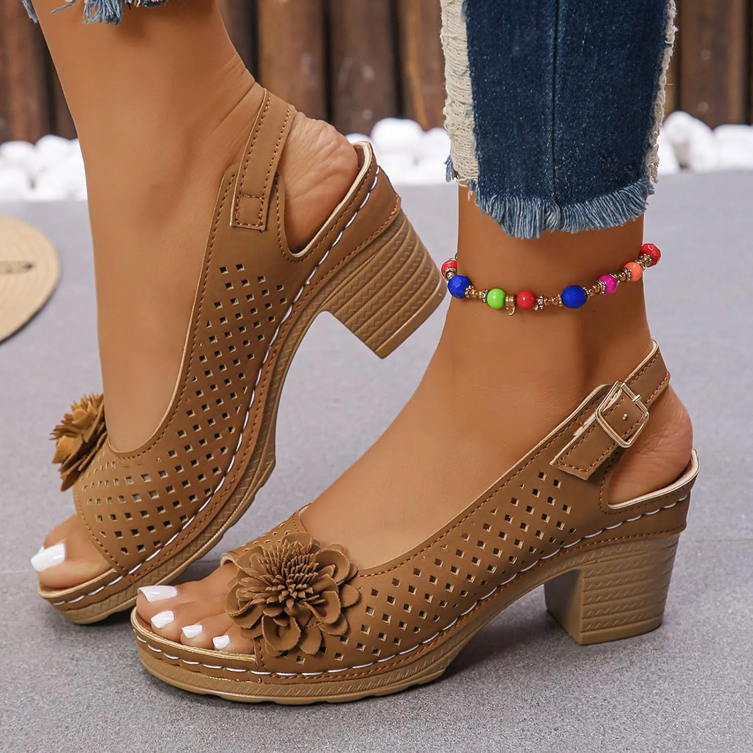Chunky Heel Sandals for Women 2025,Womens Summer Sandal High Block Heels Fish Mouth Flowers Sandals Ankle Strap Hollow Out Breathable Platform Wedges Shoe for Casual Vacation Party