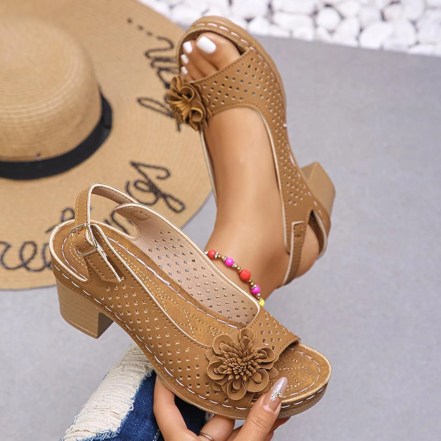 Chunky Heel Sandals for Women 2025,Womens Summer Sandal High Block Heels Fish Mouth Flowers Sandals Ankle Strap Hollow Out Breathable Platform Wedges Shoe for Casual Vacation Party