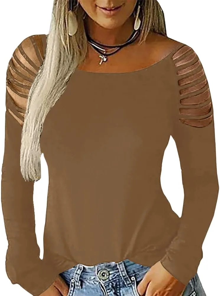 Cicy Bell Women's Long Sleeve Cold Shoulder Tops Plain Hollow Out Boat Neck Casual Blouses Shirts
