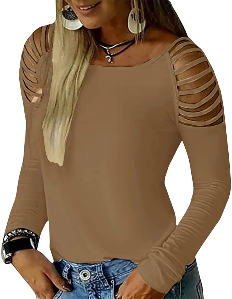 Cicy Bell Women's Long Sleeve Cold Shoulder Tops Plain Hollow Out Boat Neck Casual Blouses Shirts