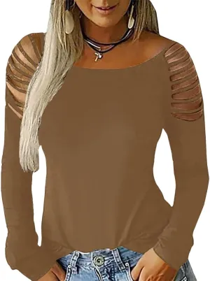 Cicy Bell Women's Long Sleeve Cold Shoulder Tops Plain Hollow Out Boat Neck Casual Blouses Shirts