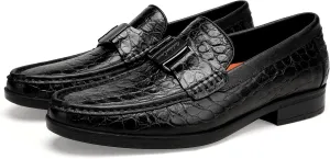 Classic Mens Leather Dress Loafer, Luxury Crocodile Printed Formal Business Shoes Slip on Dress Shoes with Buckle Penny Loafer for Mens