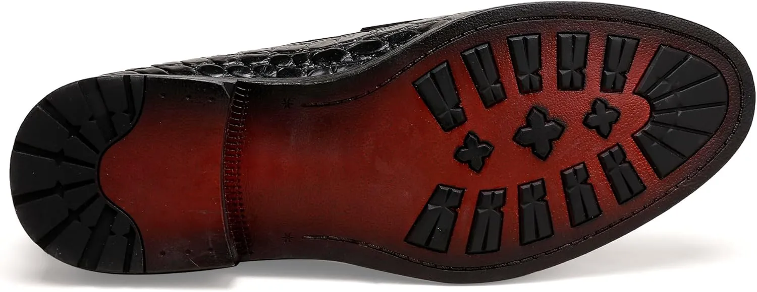 Classic Mens Leather Dress Loafer, Luxury Crocodile Printed Formal Business Shoes Slip on Dress Shoes with Buckle Penny Loafer for Mens