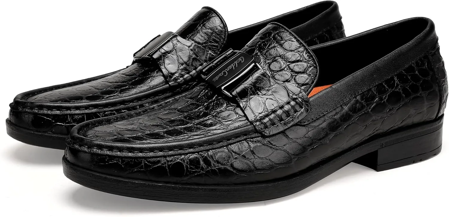 Classic Mens Leather Dress Loafer, Luxury Crocodile Printed Formal Business Shoes Slip on Dress Shoes with Buckle Penny Loafer for Mens