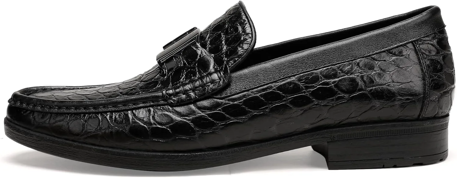 Classic Mens Leather Dress Loafer, Luxury Crocodile Printed Formal Business Shoes Slip on Dress Shoes with Buckle Penny Loafer for Mens