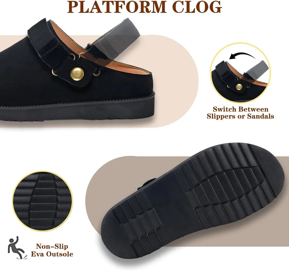 Clogs for Women Platform Clogs Slippers Classic Suede Leather Mules with Arch Support Comfortable Slip-on Sandals Shoes for Indoor Outdoor
