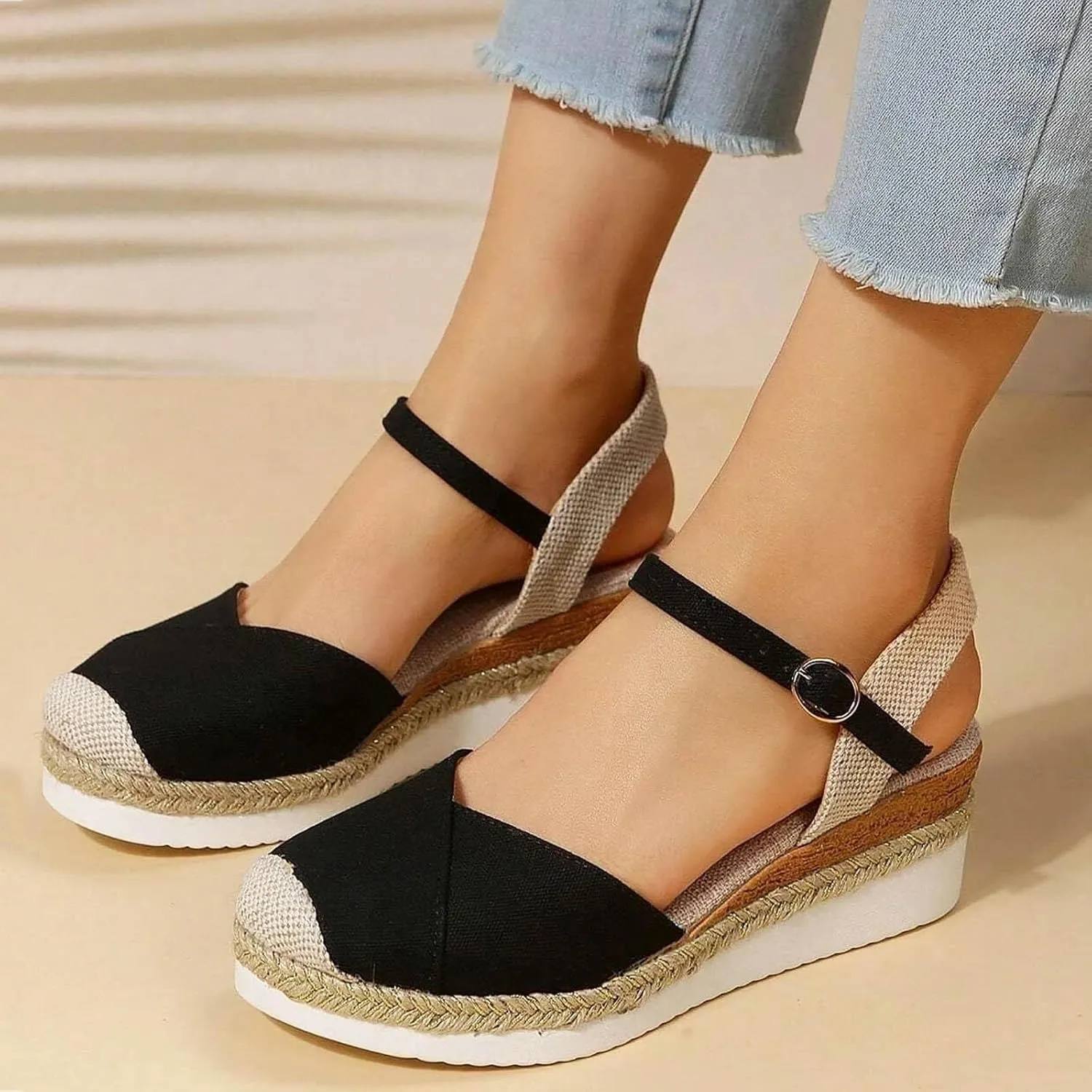 Closed Toe Platform Sandals Summer Comfort Foam Wedge Solid Cross Vamp Ankle Strap Sandals 2025 Espadrilles Wedges Heel Casual Anti Slip Shoes with Adjustable Buckle Dressy Comfortable
