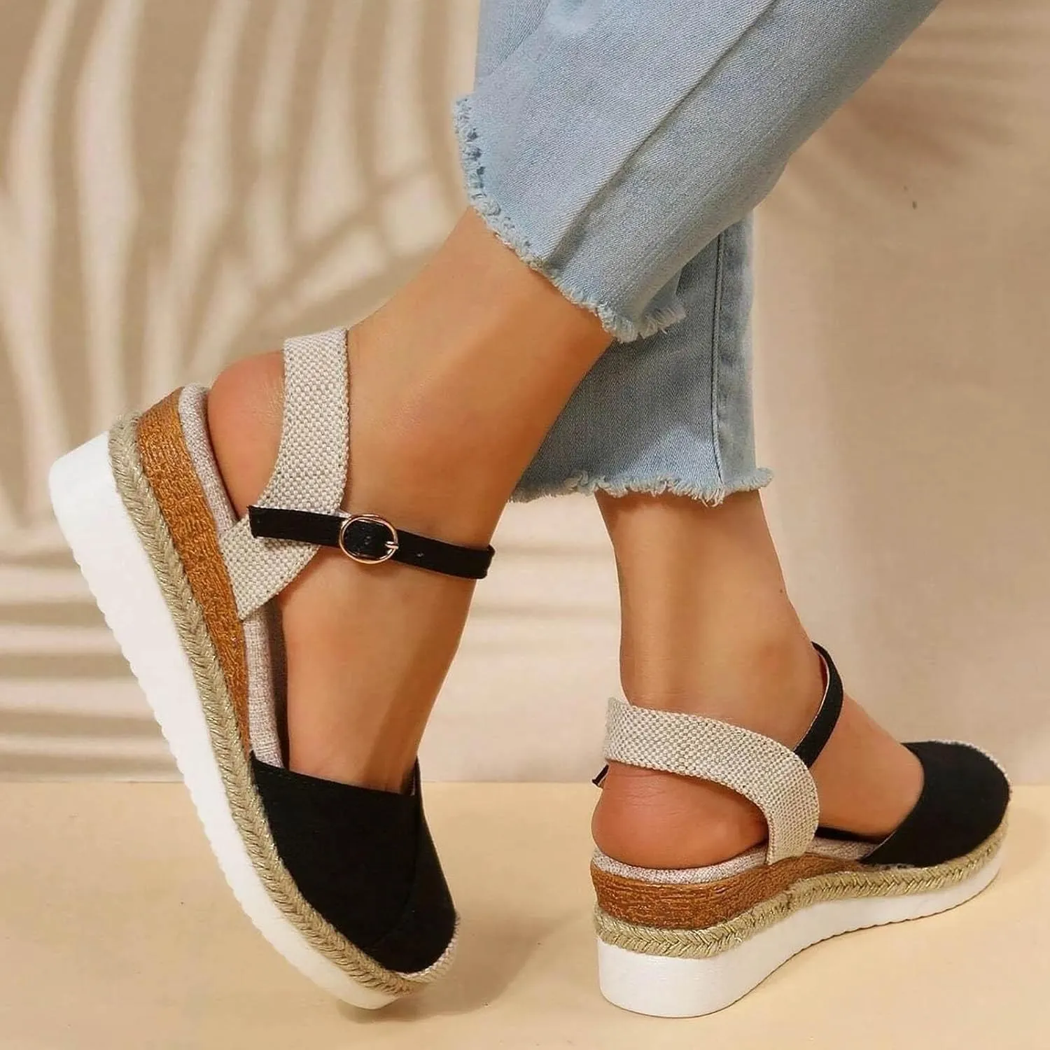 Closed Toe Platform Sandals Summer Comfort Foam Wedge Solid Cross Vamp Ankle Strap Sandals 2025 Espadrilles Wedges Heel Casual Anti Slip Shoes with Adjustable Buckle Dressy Comfortable