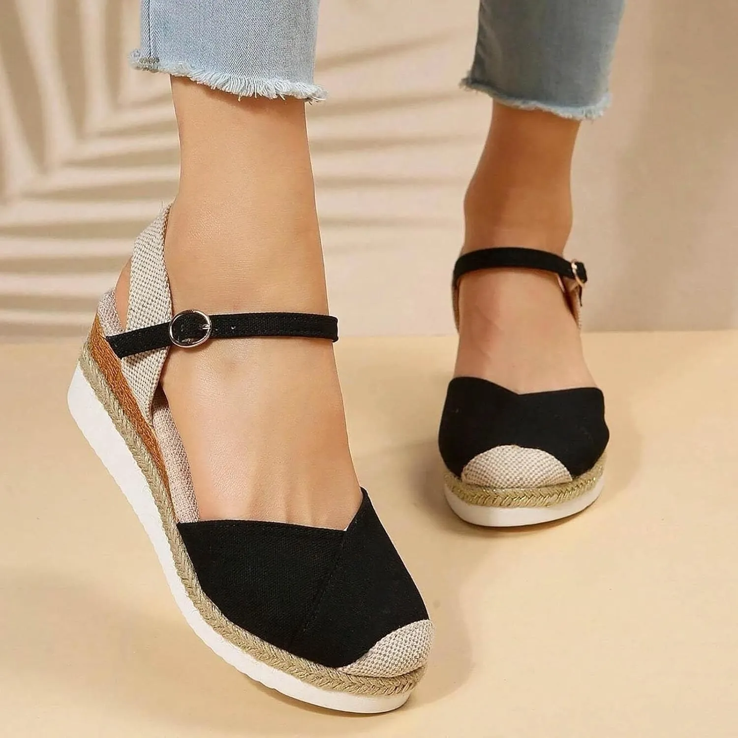 Closed Toe Platform Sandals Summer Comfort Foam Wedge Solid Cross Vamp Ankle Strap Sandals 2025 Espadrilles Wedges Heel Casual Anti Slip Shoes with Adjustable Buckle Dressy Comfortable