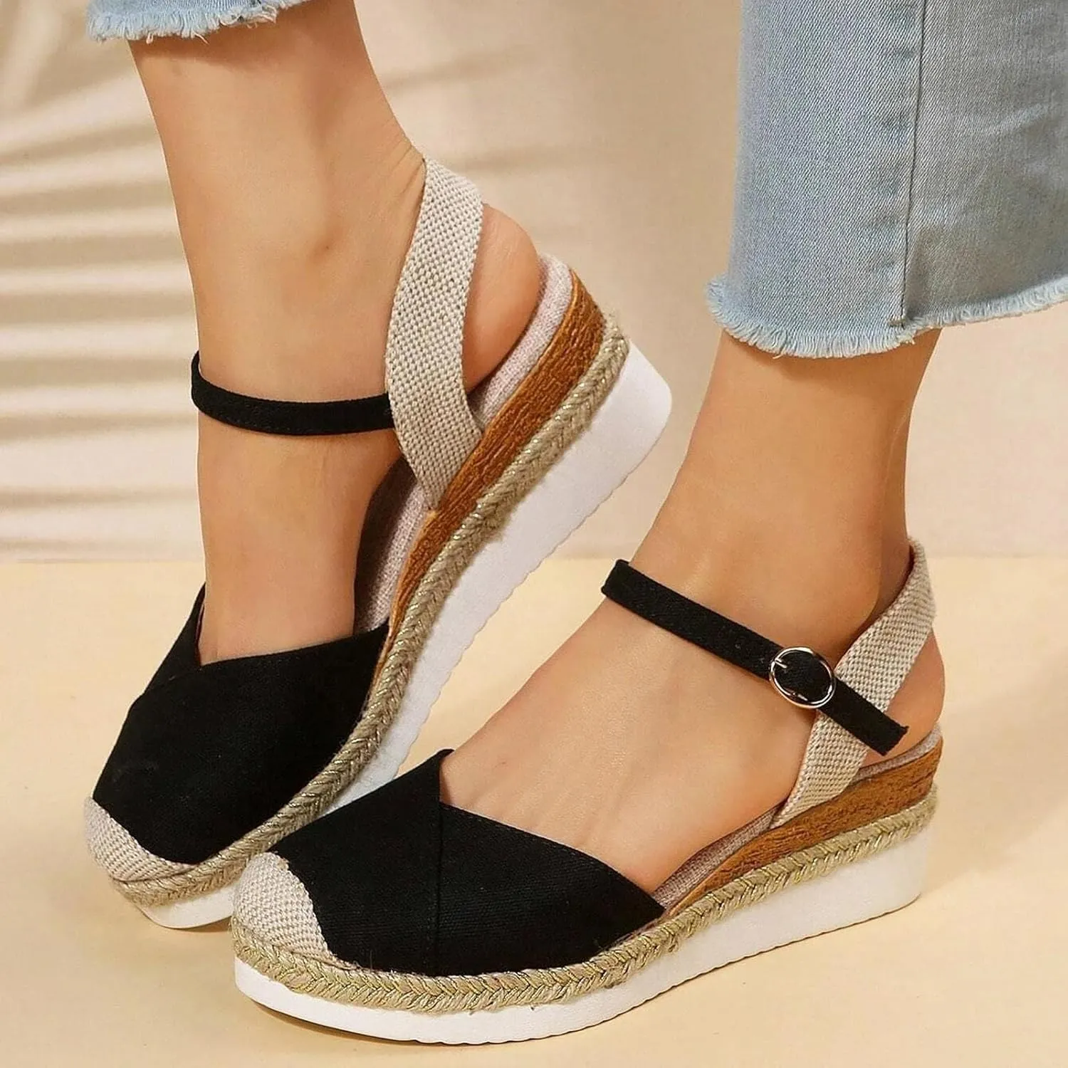 Closed Toe Platform Sandals Summer Comfort Foam Wedge Solid Cross Vamp Ankle Strap Sandals 2025 Espadrilles Wedges Heel Casual Anti Slip Shoes with Adjustable Buckle Dressy Comfortable