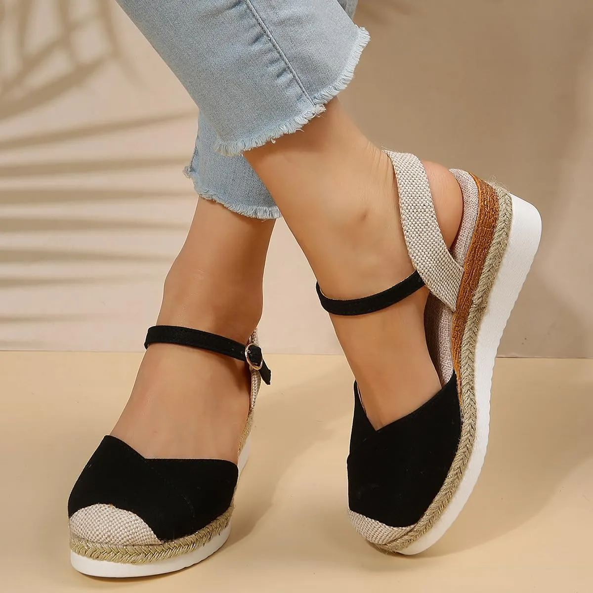 Closed Toe Platform Wedge Sandals for Women Heel Casual Womens, Women's Espadrilles Dressy Wedges Sandals, Comfortable Anti Slip Summer Shoes with Adjustable Buckle Ankle Strap