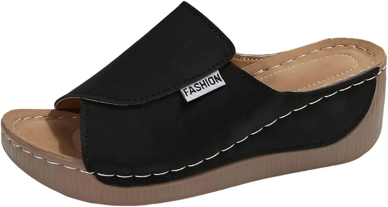 Comfortable Arch Support Sandals Slides Women's Summer Orthotic Leather Platform Wedge Sandals for Women 2025, Breathable Orthopedic Slip On Sandal, Women All Day Comfort Walking Casual Sandal